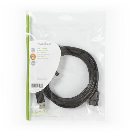 USB verleng Kabel  USB 2.0 | USB-A Male | USB-A Female | 480 Mbps | Vernikkeld | 3.00 m | Rond | PVC | Zwart 